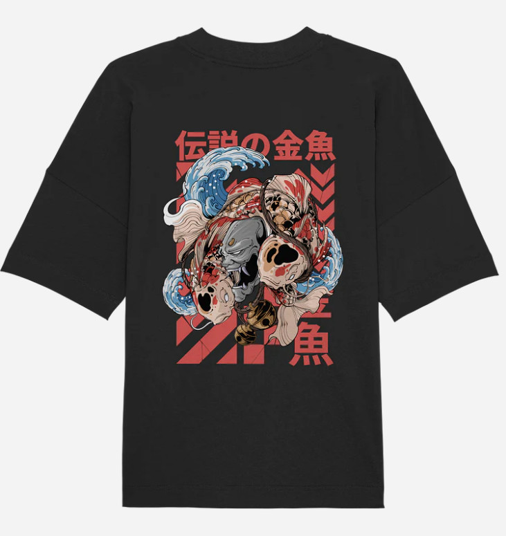 DORUMAKU Organic Oversize Shirt in schwarz mit Legendary-Fish-Koi-Design