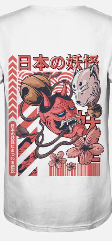DORUMAKU Basic Shirt in weiß mit Oni- und Kitsune-Design