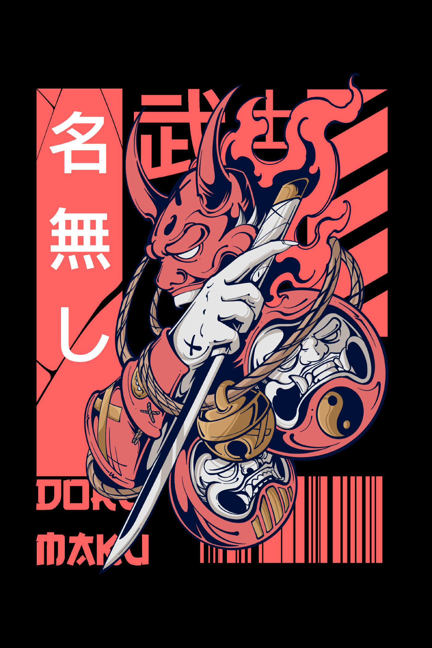 DORUMAKU Shirt-Design: Oni-Maske mit Katana und Koi, gezeichnet im japanischen Streetwear-Stil